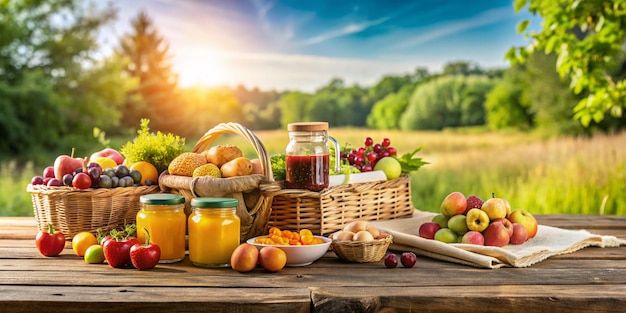 Rustic Farm Table with Fresh Fruits in a Field